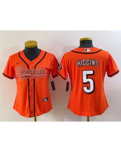Women's Cincinnati Bengals #5 Tee Higgins Orange With Patch Cool Base Stitched Baseball Jersey(Run Small)