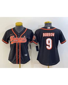 Women's Cincinnati Bengals #9 Joe Burrow Black With Patch Cool Base Stitched Baseball Jersey(Run Small)