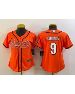 Women's Cincinnati Bengals #9 Joe Burrow Orange With Patch Cool Base Stitched Baseball Jersey(Run Small)