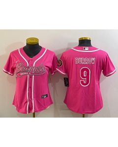 Women's Cincinnati Bengals #9 Joe Burrow Pink With Patch Cool Base Stitched Baseball Jersey(Run Small)