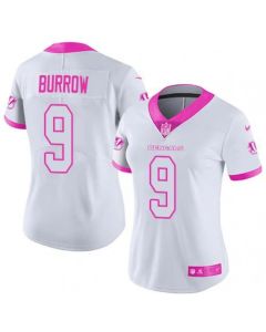 Women's Cincinnati Bengals #9 Joe Burrow White And Pink Vapor Stitched Jersey(Run Small)