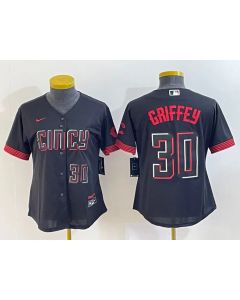 Women's Cincinnati Reds #30 Ken Griffey Jr. Black 2023 City Connect With Patch Stitched Baseball Jersey(Run Small)