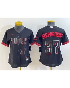Women's Cincinnati Reds #37 Tyler Stephenson Black 2023 City Connect With Patch Stitched Baseball Jersey(Run Small)