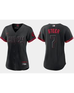 Women's Cincinnati Reds #7 Spencer Steer Black 2023 City Connect Stitched Baseball Jersey(Run Small)
