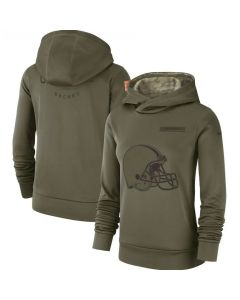 Women's Cleveland Browns #73 Joe Thomas Olive Salute to Service Sideline Therma Pullover Hoodie