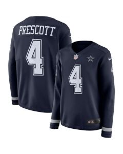 Women's Dallas Cowboys #4 Dak Prescott Navy Therma Long Sleeve Stitched NFL Jersey