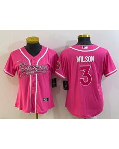 Women's Denver Broncos #3 Russell Wilson Pink With Patch Cool Base Stitched Baseball Jersey(Run Small)