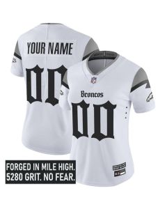Women's Denver Broncos White 2025 F.U.S.E. With 1-Star C Patch "Gothic Mile High Shadows Edition" Vapor Limited Stitched Football Custom Jersey (White)