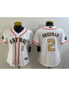 Women's Houston Astros #2 Alex Bregman White 2023 Gold Collection With World Series Champions Patch Stitched Jersey(Run Small)