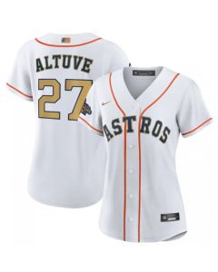 Women's Houston Astros #27 Jose Altuve White 2023 Gold Collection With World Series Champions Patch Stitched Jersey(Run Small)