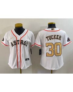 Women's Houston Astros #30 Kyle Tucker White 2023 Gold Collection With World Series Champions Patch Stitched Jersey(Run Small)