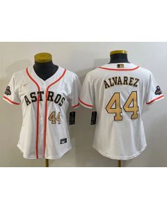Women's Houston Astros #44 Yordan Alvarez White 2023 Gold Collection With World Series Champions Patch Stitched Jersey(Run Small)