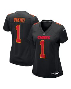 Women's Kansas City Chiefs #1 Xavier Worthy Carbon Black Fashion Game Jersey (Black)