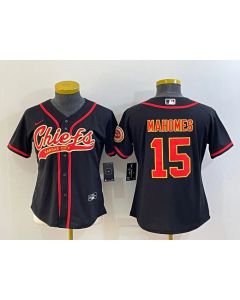 Women's Kansas City Chiefs #15 Patrick Mahomes Black With Patch Cool Base Stitched Baseball Jersey(Run Small)