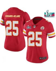 Women's Kansas City Chiefs #25 Clyde Edwards-Helaire Red Super Bowl LVII Patch Vapor Stitched Jersey(Run Small)