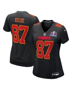 Women's Kansas City Chiefs #87 Travis Kelce Black Super Bowl LVIII Carbon Fashion Game Player Jersey