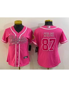Women's Kansas City Chiefs #87 Travis Kelce Pink With Patch Cool Base Stitched Baseball Jersey(Run Small)