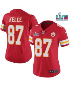 Women's Kansas City Chiefs #87 Travis Kelce Red Super Bowl LVII Patch Vapor Stitched Jersey(Run Small)