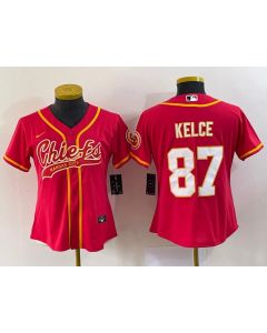 Women's Kansas City Chiefs #87 Travis Kelce Red With Patch Cool Base Stitched Baseball Jersey(Run Small)