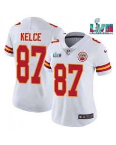 Women's Kansas City Chiefs #87 Travis Kelce White Super Bowl LVII Patch Vapor Stitched Jersey(Run Small)
