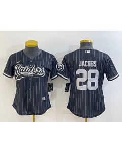 Women's Las Vegas Raiders #28 Josh Jacobs Black With Patch Cool Base Stitched Baseball Jersey(Run Small)
