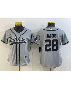 Women's Las Vegas Raiders #28 Josh Jacobs Grey With Patch Cool Base Stitched Baseball Jersey(Run Small)