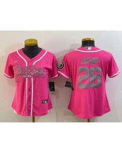 Women's Las Vegas Raiders #28 Josh Jacobs Pink Silver With Patch Cool Base Stitched Baseball Jersey(Run Small)