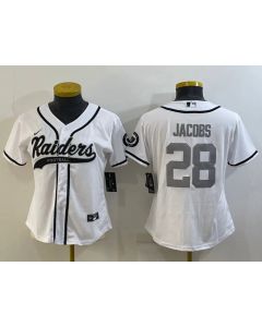 Women's Las Vegas Raiders #28 Josh Jacobs White Silver With Patch Cool Base Stitched Baseball Jersey(Run Small)
