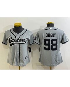 Women's Las Vegas Raiders #98 Maxx Crosby Grey With Patch Cool Base Stitched Baseball Jersey(Run Small)