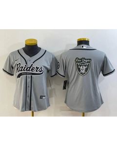 Women's Las Vegas Raiders Grey Team Big Logo With Patch Cool Base Stitched Baseball Jersey(Run Small)