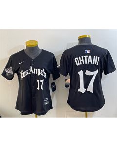Women's Los Angeles Dodgers #17 Shohei Ohtani Black 2025 World Series Champions LA Gothic Edition Limited Stitched Baseball Jersey (Black)