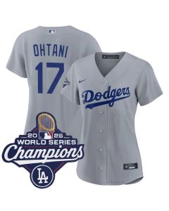 Women's Los Angeles Dodgers #17 Shohei Ohtani Gray 2025 World Series Champions Home Replica Jersey (Gray)