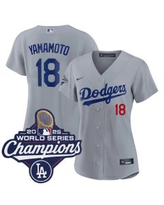 Women's Los Angeles Dodgers #18 Yoshinobu Yamamoto Gray 2025 World Series Champions Home Limited Jersey (Gray)