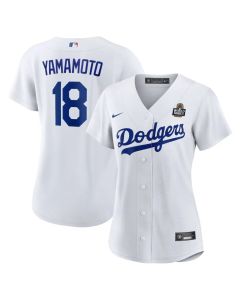 Women's Los Angeles Dodgers #18 Yoshinobu Yamamoto White 2024 World Series Home Home Replica Jersey (White)