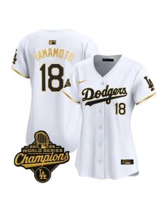 Women's Los Angeles Dodgers #18 Yoshinobu Yamamoto White Golden 2025 World Series Champions Home Limited Jersey (White)