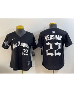 Women's Los Angeles Dodgers #22 Clayton Kershaw Black 2025 World Series Champions LA Gothic Edition Limited Stitched Baseball Jersey (Black)