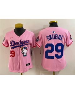 Women's Los Angeles Dodgers #29 Tarik Skubal Pink Hello Kitty Night 2025 World Series Champions Patch Jersey