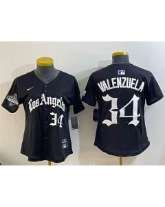 Women's Los Angeles Dodgers #34 Fernando Valenzuela Black 2025 World Series Champions LA Gothic Edition Limited Stitched Baseball Jersey (Black)