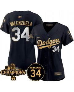 Women's Los Angeles Dodgers #34 Fernando Valenzuela Black/Gold 2024 World Series Champions & Fernando Memorial Patch Limited Stitched Baseball Jersey (Black Gold)