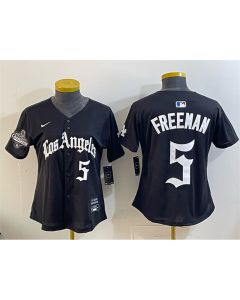 Women's Los Angeles Dodgers #5 Freddie Freeman Black 2025 World Series Champions LA Gothic Edition Limited Stitched Baseball Jersey (Black)