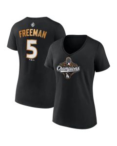Women's Los Angeles Dodgers #5 Freddie Freeman Black 2025 World Series Champions Plus Size Name & Number T-Shirt (Black)