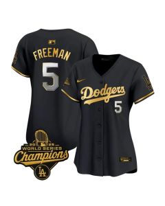 Women's Los Angeles Dodgers #5 Freddie Freeman Black Golden 2025 World Series Champions Home Limited Jersey (Black)