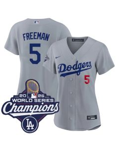 Women's Los Angeles Dodgers #5 Freddie Freeman Gray 2025 World Series Champions Home Limited Jersey (Gray)