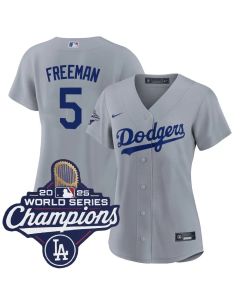 Women's Los Angeles Dodgers #5 Freddie Freeman Gray 2025 World Series Champions Home Replica Jersey (Gray)