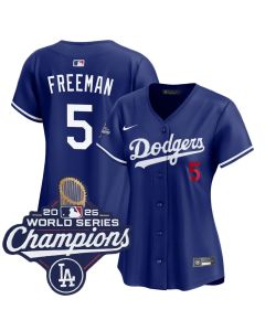 Women's Los Angeles Dodgers #5 Freddie Freeman Royal 2025 World Series Champions Home Limited Jersey (Royal)