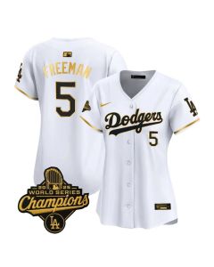 Women's Los Angeles Dodgers #5 Freddie Freeman White Golden 2025 World Series Champions Home Limited Jersey (White)