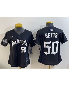 Women's Los Angeles Dodgers #50 Mookie Betts Black 2025 World Series Champions LA Gothic Edition Limited Stitched Baseball Jersey (Black)