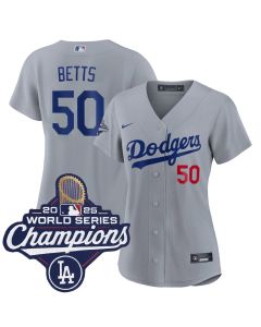 Women's Los Angeles Dodgers #50 Mookie Betts Gray 2025 World Series Champions Home Limited Jersey (Gray)
