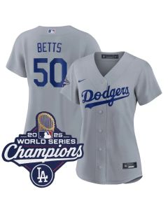 Women's Los Angeles Dodgers #50 Mookie Betts Gray 2025 World Series Champions Home Replica Jersey (Gray)