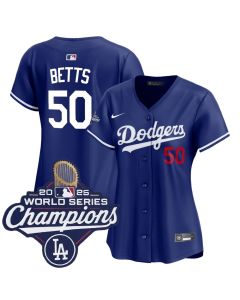 Women's Los Angeles Dodgers #50 Mookie Betts Royal 2025 World Series Champions Home Limited Jersey (Royal)